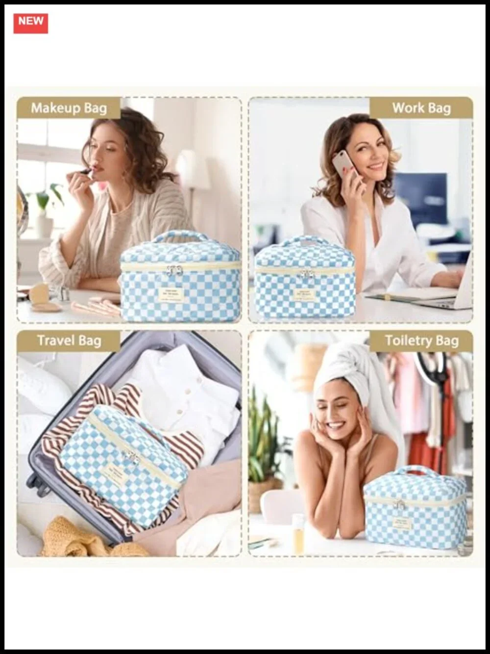 Quilted Cotton Makeup Bag - Checkered Cosmetic Organizer with Zipper - Travel
